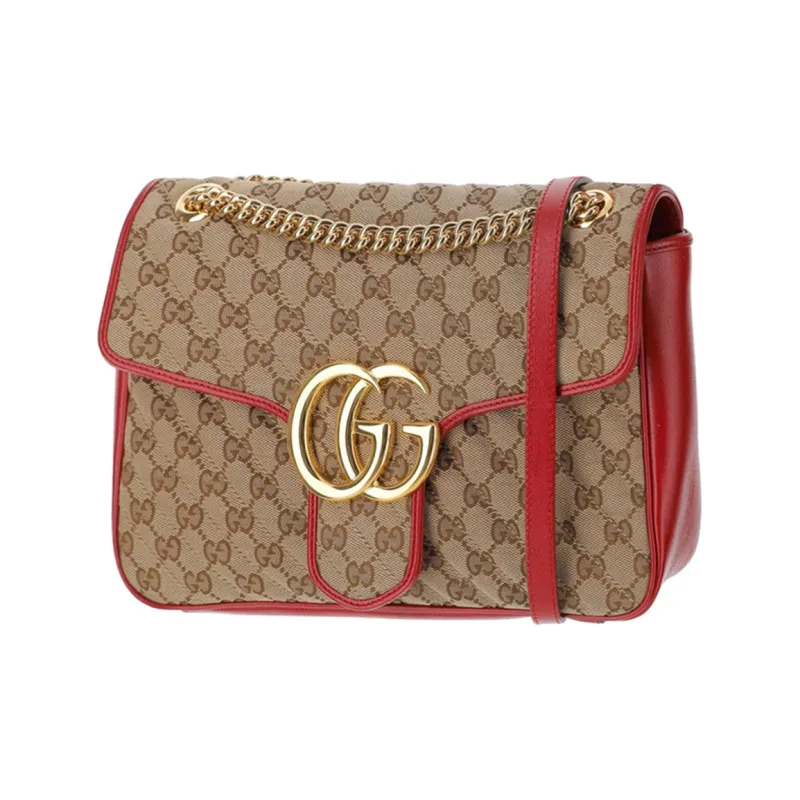 GUCCI Marmont Quilting Canvas With Leather Chain Shoulder Bag Crossbody Bag Medium Size Women's Ebony/Red-1