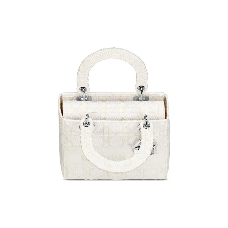 DIOR Lady D-Lite Embroidery Handbag Daphne Bag Shoulder Bag Women's White Rattan Plaid Embroidery-3