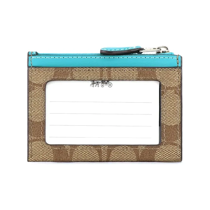 COACH Mini Id Skinny Leather Card Clip Card Holder Mini Women's Bright Blue & Brown Monogram-1