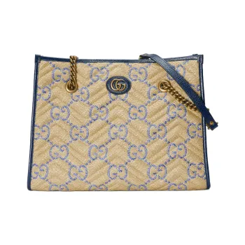 GUCCI Marmont Raffia Grass Patchwork Quilted Leather With Stripes Handbag Shoulder Bag Women's Beige & Blue