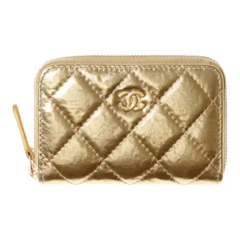 CHANEL 21K Winter Metal Texture Calfskin Handheld Zippers Wallet Card Holder Coin Purse Women's Gold