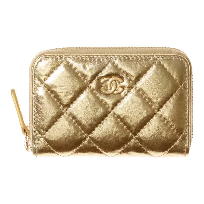 CHANEL 21K Winter Metal Texture Calfskin Handheld Zippers Wallet Card Holder Coin Purse Women's Gold-0