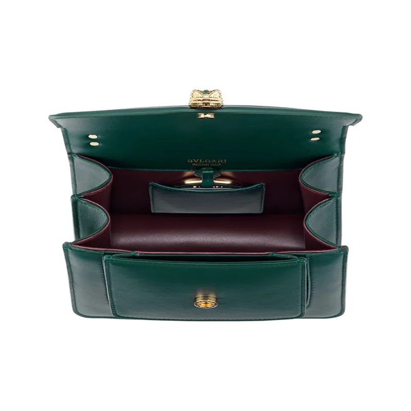 BVLGARI Serpenti Forever Series Lambskin Handbag Shoulder Bag Crossbody Bag Small Size Women's Forest Emerald Green-3