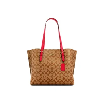 COACH Mollie Canvas Tote Bag Shopping Bag Handbag Shoulder Bag Large Size Women's Light Brown & Rose Red