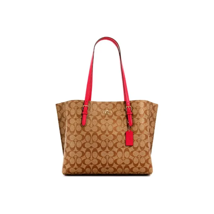 COACH Mollie Canvas Tote Bag Shopping Bag Handbag Shoulder Bag Large Size Women's Light Brown & Rose Red-0