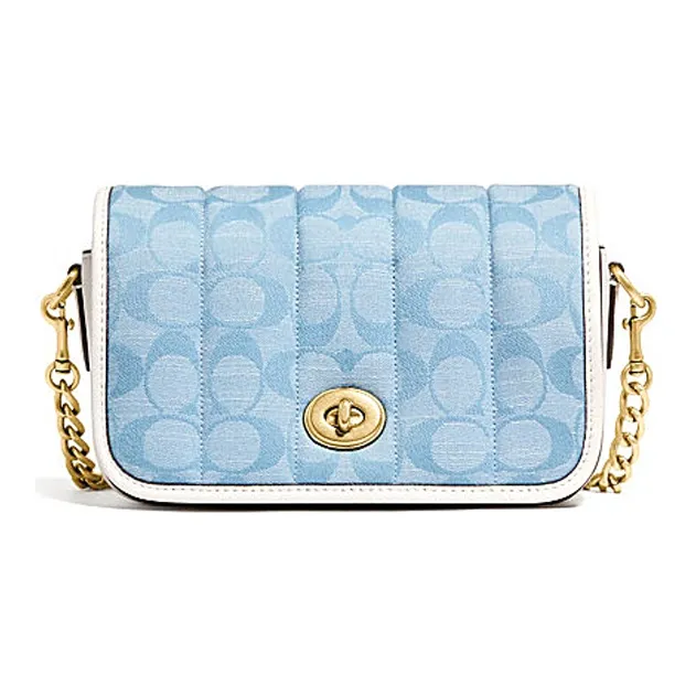 COACH Dinky Canvas With Leather Quilting Jacquard Chain Bag One Shoulder Crossbody Flap Bag Small Size Women's Blue-0