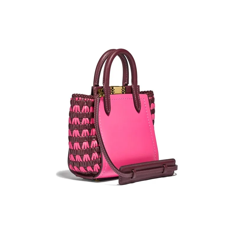 COACH Troupe Cow Leather Tote Bag Shopping Bag Handbag Mini Women's Fuchsia Color Blocking Red-1