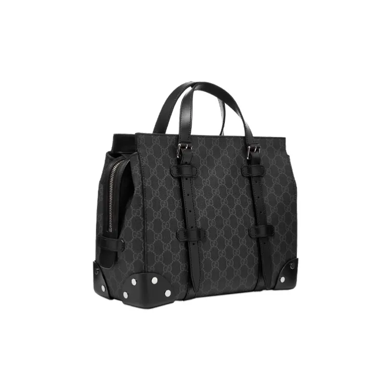 GUCCI GG Canvas With Leather Corner Covered Tote Crossbody Bags Handbags Medium Size Unisex Black-1