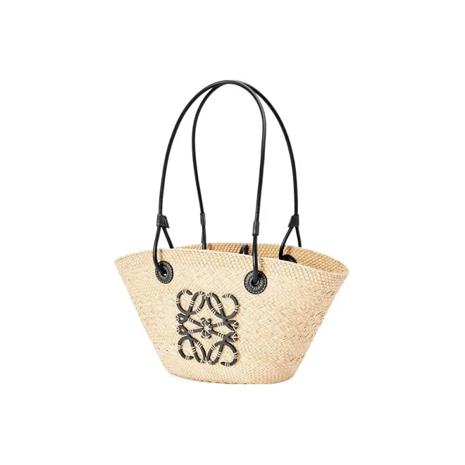 LOEWE Anagram Basket Palm Fiber With Cow Leather Tote Bag, Shopping Bag, Shoulder Bag, Handbag Trumpets Women's Black-2