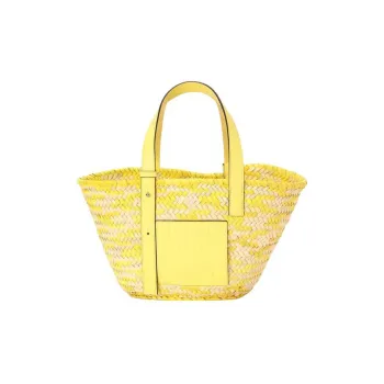 LOEWE Anagram Basket Palm Leaf Cow Leather Woven Tote Handbag Medium Size Women's Lemon