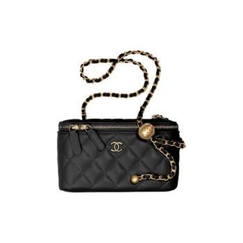 CHANEL Little Golden Ball Sheepskin Clutch Long Box Bag Shoulder Bag Crossbody Bag With Mirror Women's Black