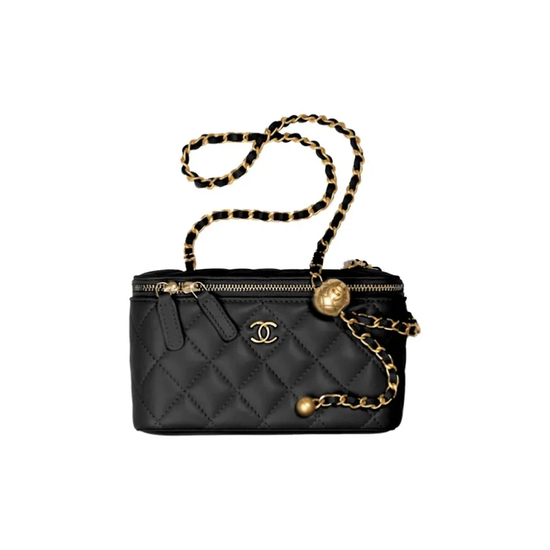 CHANEL Little Golden Ball Sheepskin Clutch, Long Box Bag, Shoulder Bag, Crossbody Bag, Includes Mirror Women's Black-0