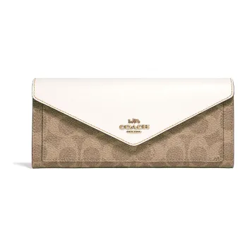 COACH Soft Wallet Canvas With Leather Wallet Clutch Regular Women's White & Khaki