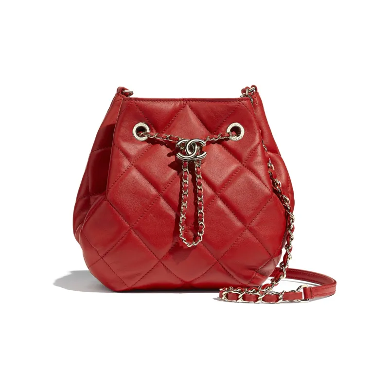 CHANEL Drawstring Lambskin And Gold Metal Shoulder Bag Women's Red-0