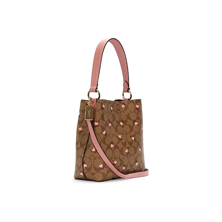 COACH Town Canvas With Leather Shoulder Bag, Crossbody Bag, Handbag Trumpets Women's Brown Cherry Blossom Pink-1