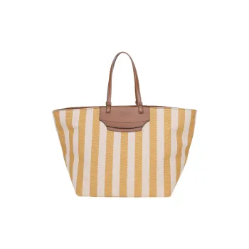 Furla Meraviglia Leather Trim Tote Bag Shopping Bag Handbag Medium Size Women's Cream Multicolor With Brown And Yellow