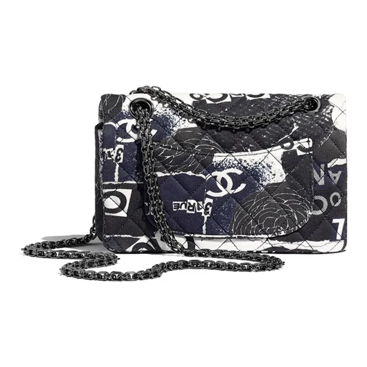 CHANEL 2.55 Print Cotton Fabric Mouth Cover Bag, Chain Bag, Crossbody Bag, Shoulder Bag Women's Blue & White-2
