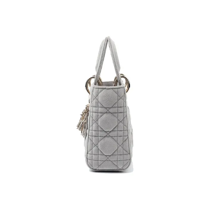 DIOR Lady Dior Velvet Material Dior Bag Shoulder Bag Crossbody Bag Handbag Small Size Women's Gray-3