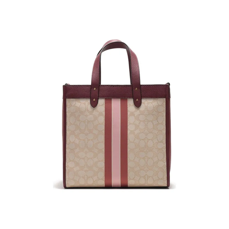 COACH Field Jacquard Fabric With Leather Tote Bag Shopping Bag Shoulder Bag Handbag Large Size Women's Khaki With Red-3