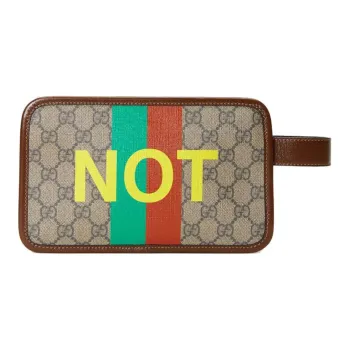 GUCCI Leather Badge Makeup Bag, Toiletry Bag, Clutch Unisex Ebony/Brown
