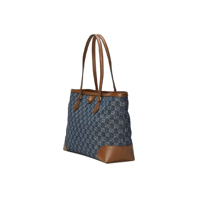 GUCCI Ophidia Denim With Leather Tote Bag, Shopping Bag, Shoulder Bag, Handbag Medium Size Women's Gray Blue/Brown-1