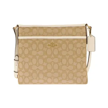 COACH File Canvas With Leather Messenger Bag Shoulder Bag Crossbody Bag Large Size Unisex Khaki & Ecru
