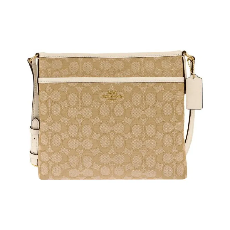 COACH File Canvas With Leather Messenger Bag Shoulder Bag Crossbody Bag Large Size Unisex Khaki & Ecru-0