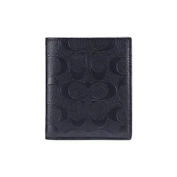 COACH Coin Wallet Cross-Stitch Leather Coin Purse Wallet Foldable Card Holder Mini Men's Black