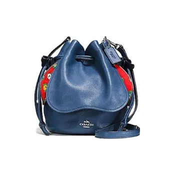 COACH Petal Leather Drawstring Crossbody Portable Bucket Bag Small Size Women's Blue
