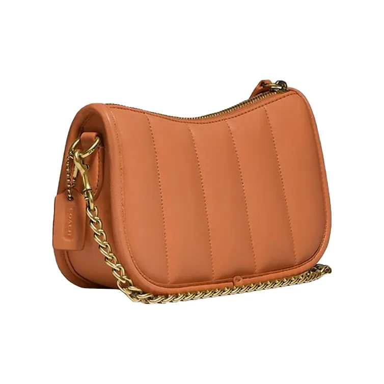 COACH Sheepskin Leather Patchwork Pochette, Shoulder Bag, Handbag Small Size Women's Solid Color Orange-2