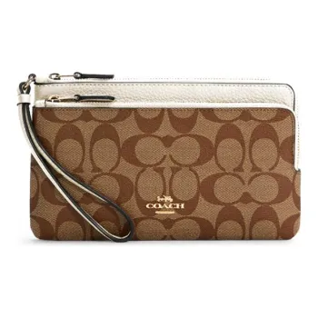 COACH Double Zip Wallet Leather Card Holder, Clutch Wallet Medium Size Women's Saddle Brown Monogram & White