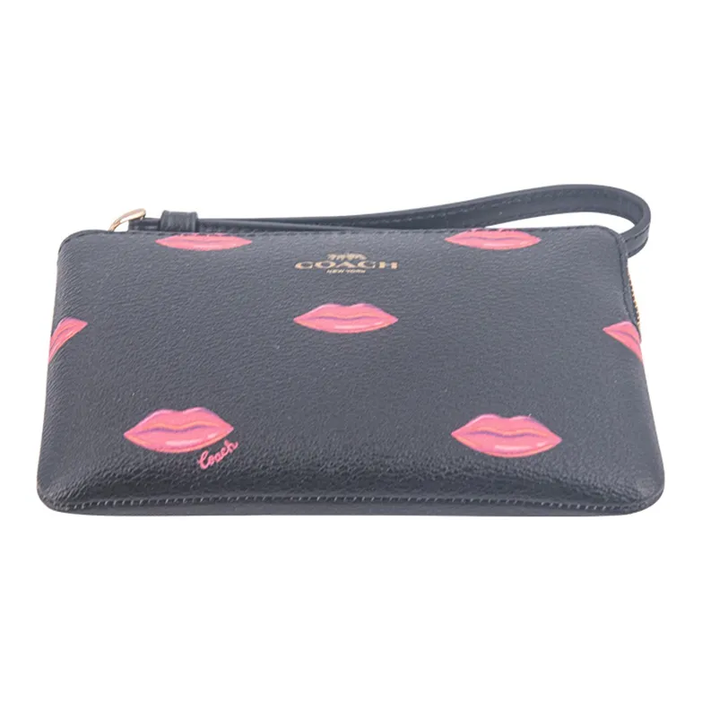 COACH Corner Zip PVC Coin Purse Women's Black Base With Red Lip Print-4