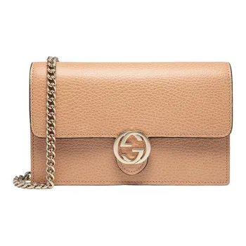 GUCCI Double G Leather WOC Chain Shoulder Messenger Bag Beige