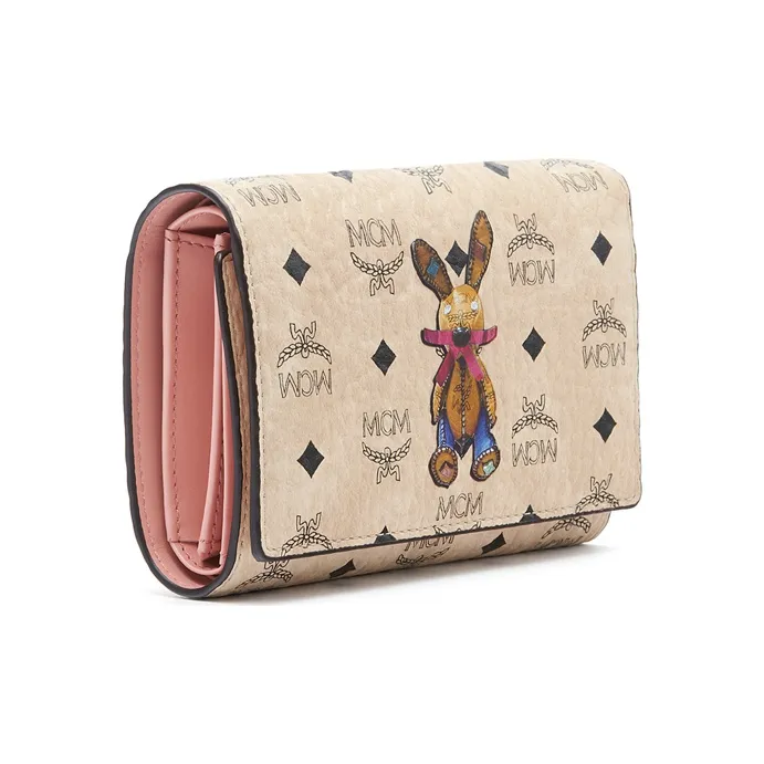 MCM Visetos Leather With Artificial Leather Wallet Coin Purse Tubas Women's Beige-1