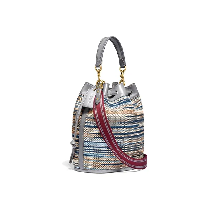 COACH Field Woven With Leather Portable One Shoulder Bucket Bag Women's Gray Blue Mixed Color-1