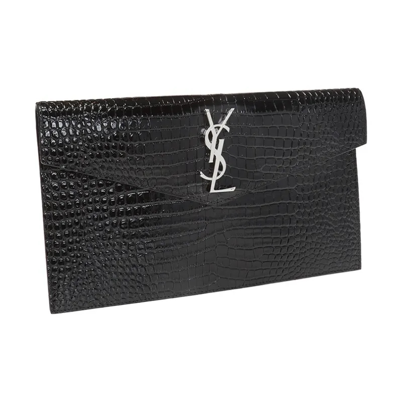 SAINT LAURENT Uptown Pouch Shiny Crocodile Look Leather Black-2