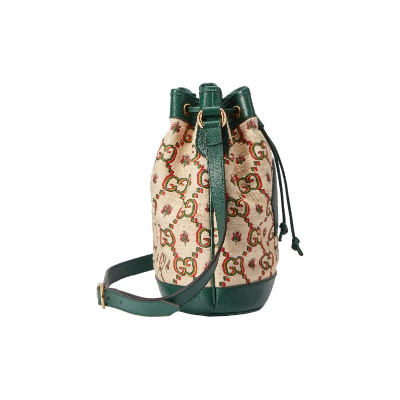 GUCCI Ophidia Jacquard Fabric Leather Binding Bucket Bags Shoulder Bag Crossbody Bag Mini Unisex Beige/Green-3