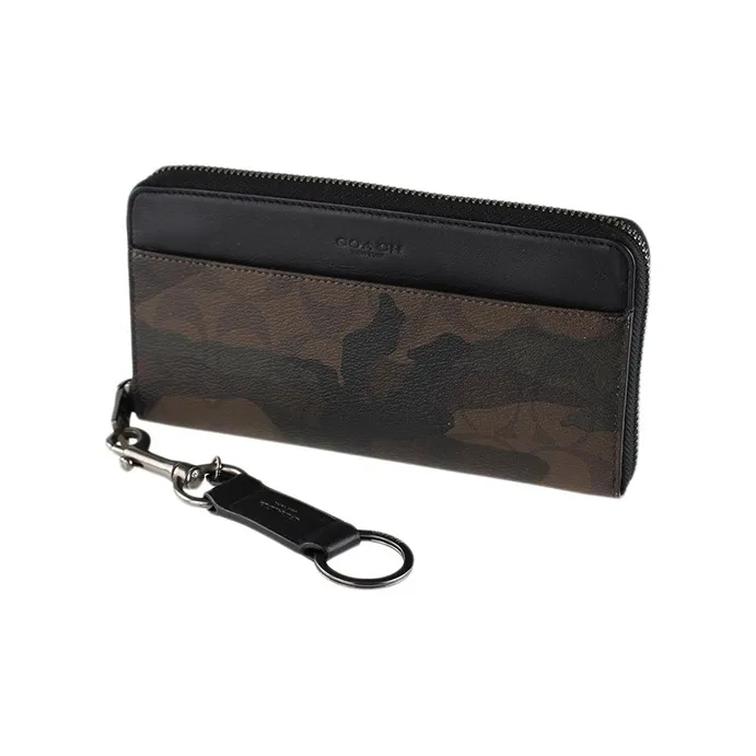 COACH Accordion Zip Canvas Leather Wallet Storage Bag, Clutch Small Size Men's Green Camouflage & Black-2