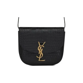 SAINT LAURENT KAIA Shiny Crocodile Pattern Embossed Cow Leather Saddle Bag Crossbody Shoulder Bag Women's Black