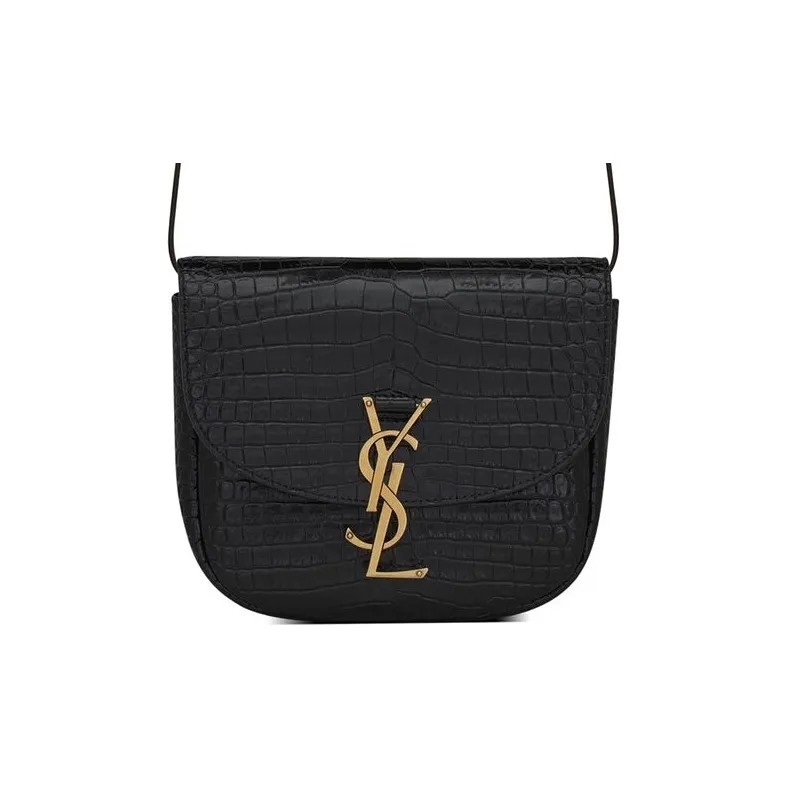 SAINT LAURENT KAIA Shiny Crocodile Pattern Embossed Cow Leather Saddle Bag Crossbody Shoulder Bag Women's Black-0
