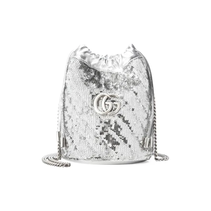 GUCCI Marmont Sequins Drawstring Bucket Bag, Shoulder Bag, Crossbody Bag Mini Women's Silver-0