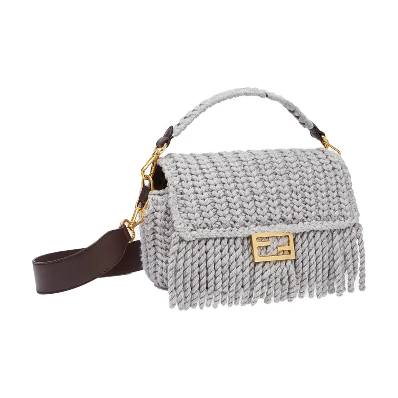 FENDI Baguette Wool With Leather Handbag Medium Size Women's Gray-1