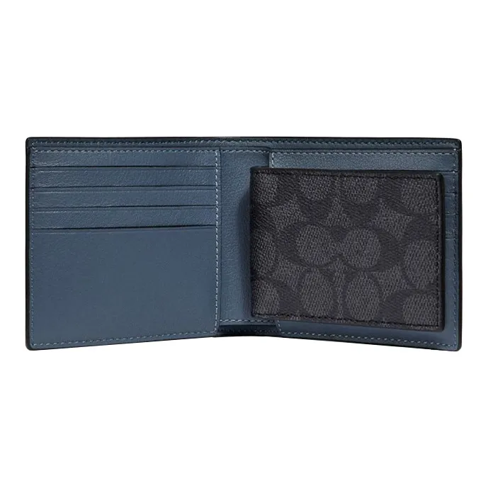 COACH 3 IN 1 Wallet Classic Monogram Canvas With Leather Card Holder Wallet Men's Dark Blue-1