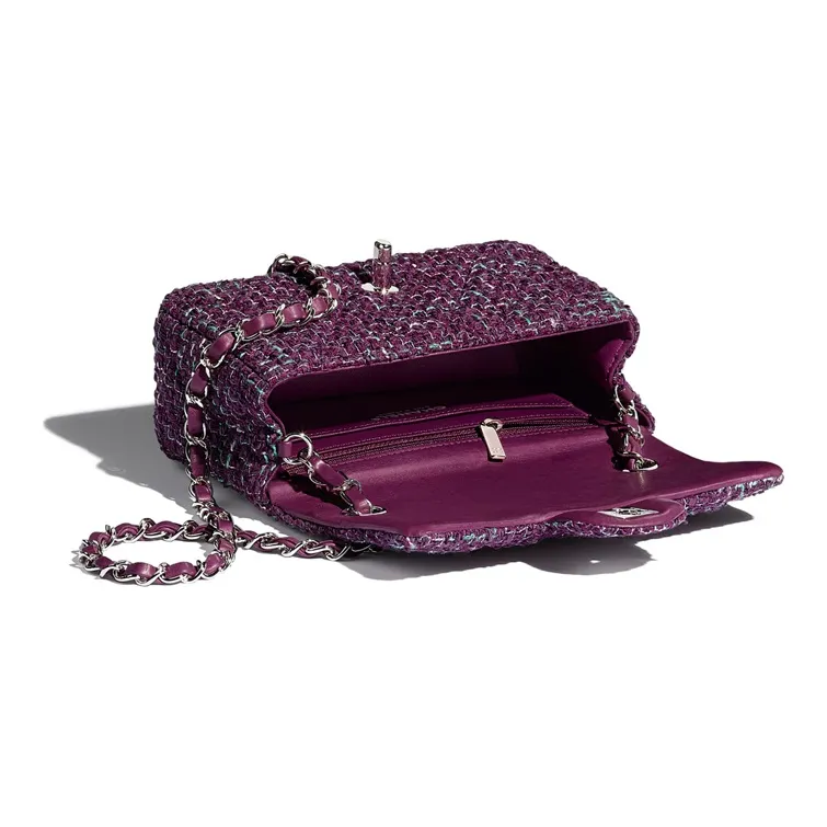CHANEL Twill Soft Nappa & Metal Flap Bag Crossbody Bag, Shoulder Bag Mini Women's Purple & Silver-2