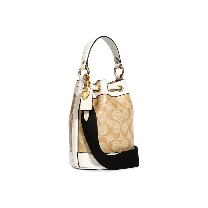COACH Dempsey Coated Canvas With Leather Bucket Bag, Shoulder Bag, Crossbody Bag, Handbag Trumpets Women's Khaki White-1