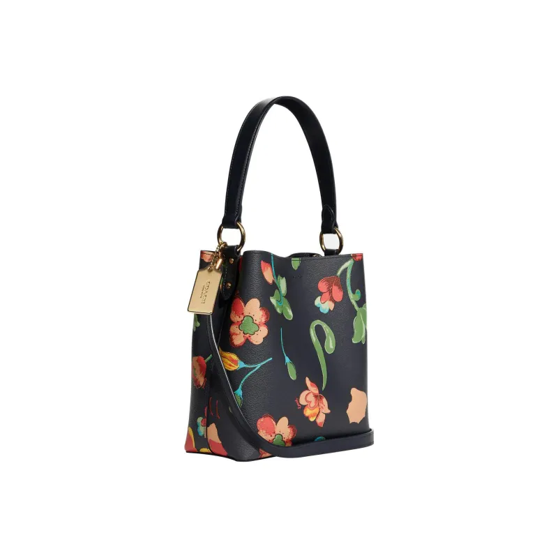 COACH Canvas With Leather Bucket Bag Portable Crossbody Bag Shoulder Bag Small Size Women's Black Floral Print-1