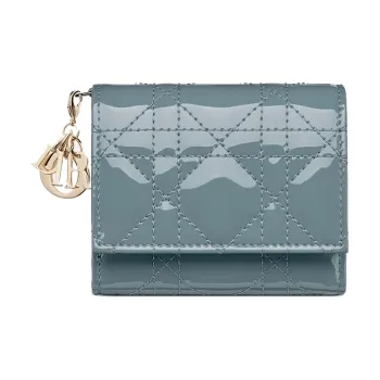 DIOR Lady Dior Patent Leather Calfskin Wallet, Card Holder Women's Gray Blue