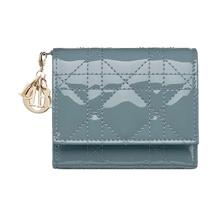 DIOR Lady Dior Patent Leather Calfskin Wallet, Card Holder Women's Gray Blue-0