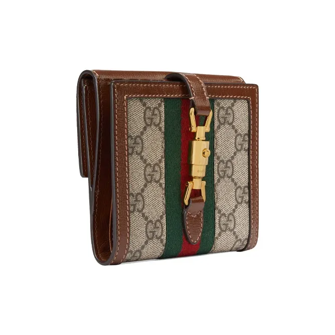 GUCCI Jackie 1961 Canvas With Leather Clutch Wallet, Card Holder Trumpets Women's Beige Brown Multicolor-1