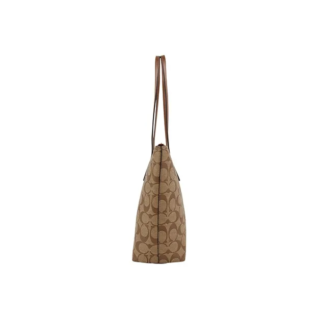 COACH Zip Top Tote Canvas With Leather Tote Bag Shopping Bag Shoulder Bags Large Size Women's Brown Monogram-2